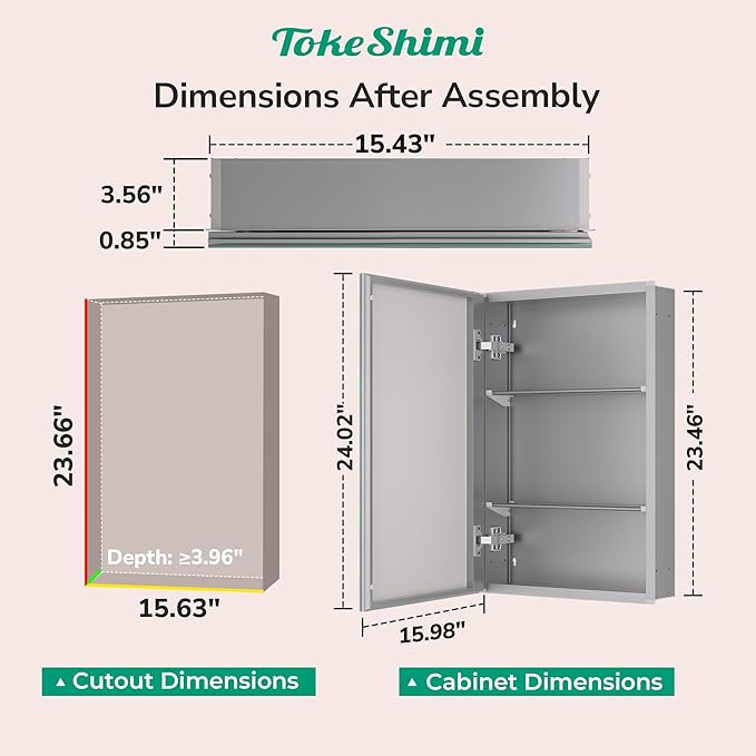 TokeShimi 16x24 Bathroom Medicine Cabinet with Mirror, Aluminum Silver Recessed or Surface Mount with Adjustable Storage Metal