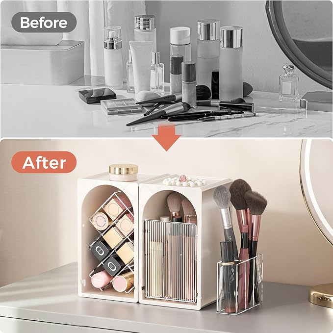 INVSSENE Stackable Makeup Organizer Countertop, Storage Perfume Skincare Cosmetic Lipstick Face Mask Makeup Brush Palettes, Ideal for Vanity Bathroom Counter