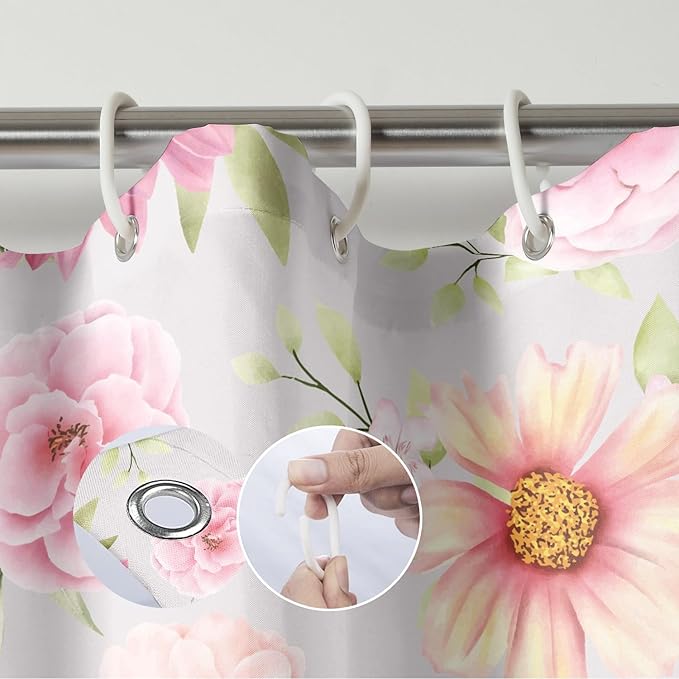Pink Daisy Peony Flower Shower Curtains, Watercolor Floral Green Leaves Waterproof Fabric Botanical Bathroom Shower Curtain, 72 x 72 Inch