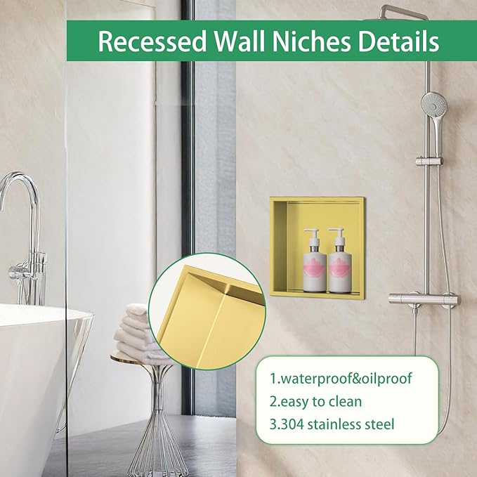 SaniteModar Shower Niche, Stainless Steel Shower Niche No Tile Needed, Recessed for Bathroom Storage (Brushed Gold, 12x12)
