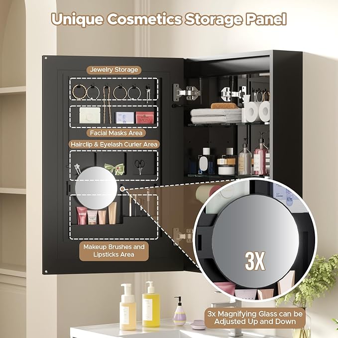 Bathroom Medicine Cabinet with Mirror, 20×30 Inch Black Mirror Cabinet with Cosmetics Storage Rack, 2 Outlets, 3X Magnifier Makeup Mirror, Adjustable Shelves, Surface Mount