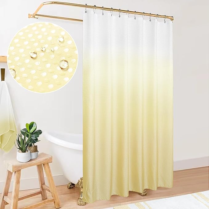 Mrs.Naturall Mellow Yellow Beige Shower Curtains for Bathroom Sets of Hooks Waterproof Waffle Textured Soft Warm Tone Winter Shower Curtain 72 Inch Length Butter Cream Pastel Pale Yellow