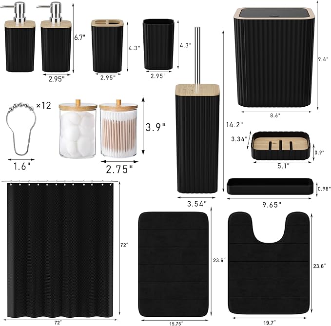 XLHOMO Bathroom Set - 25PC Black Bathroom Set with Shower Curtain and Rugs, Bathroom Accessories Set, Black Shower Curtain Set with Bathroom Trash Can