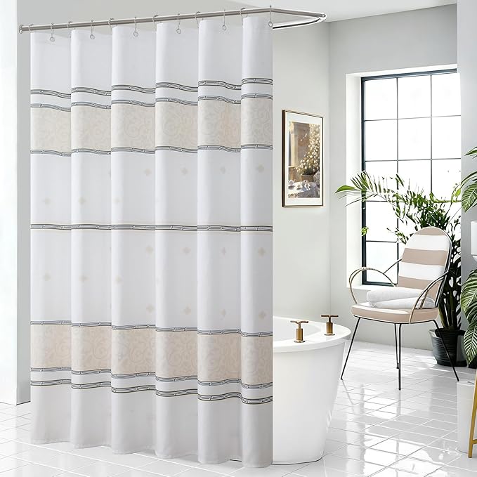 Fabric Shower Curtain, Waterproof for Bathroom with White Cream Black Print, 72” W x 72” H