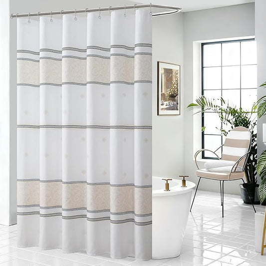 Fabric Shower Curtain, Waterproof for Bathroom with White Cream Black Print, 72” W x 72” H