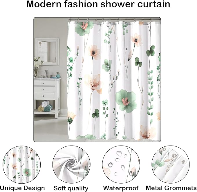 Sage Green Beige Floral Shower Curtain, Watercolor Flower Shower Curtains for Bathroom, Modern Minimalist Waterproof Fabric Bath Decoration 72x72 Inch