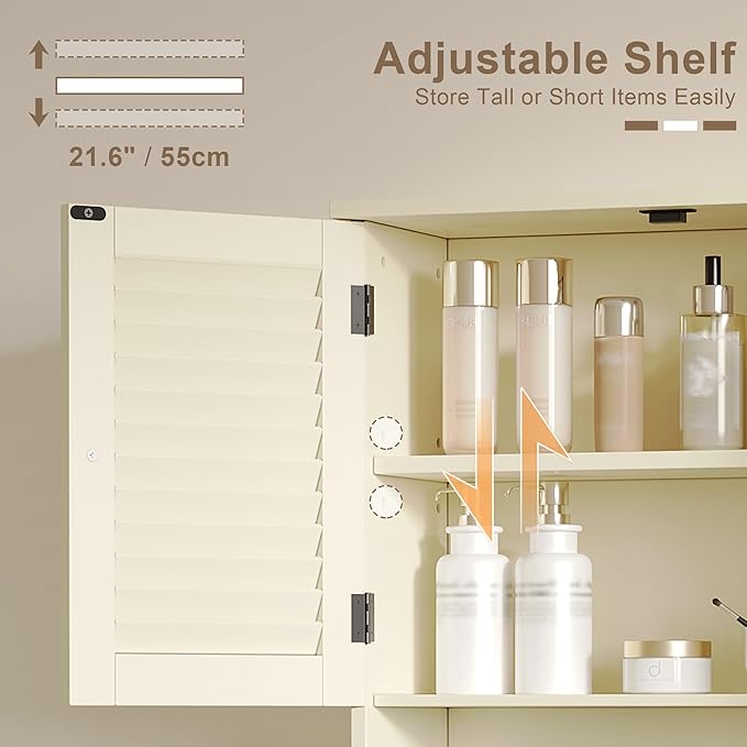 ChooChoo Bathroom Wall Cabinet with Towels Bar, 23.6" L x 8.8" W x 29.5" H MDF Material Medicine Cabinet, 2 Doors Over The Toilet Space Saver Storage Cabinet with Large Space, Cream Yellow