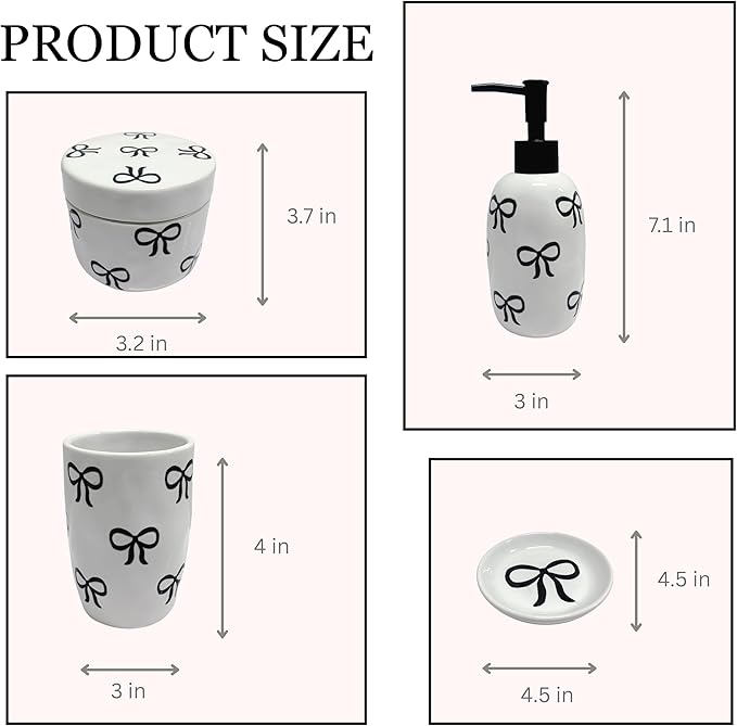 Pink Bathroom Set, 4 Pcs Ceramic Bathroom Accessory Sets - Soap Dispenser, Tumbler Toothbrush Holder, Vanity Soap Tray, Cotton Swab Jars - Pink Bathroom Decor Gift for Her (Black)