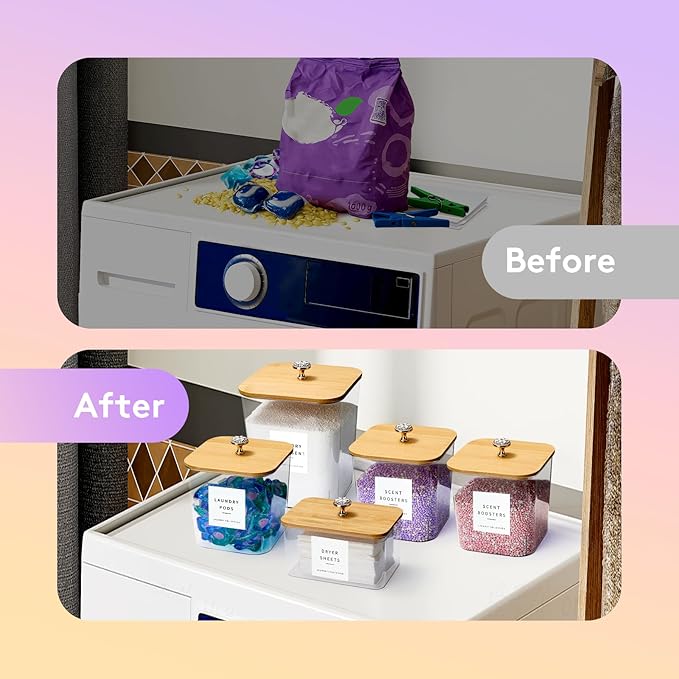 POLRAI 5 Pack Laundry Pod Containers and Dryer Sheet Holder for Laundry Room Organization Clear Jars with Lids and Labels for Laundry Detergent Laundry Pods Dry Sheet Organizing