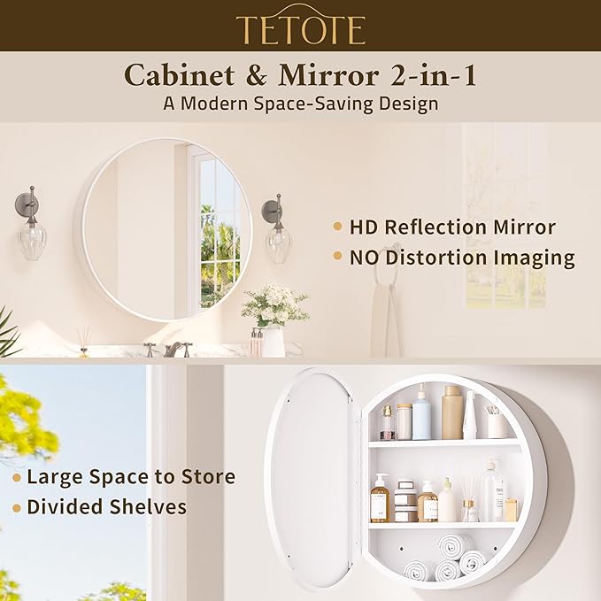 TETOTE 20 x 20 Inch Medicine Cabinet Mirror White Framed Round Mirrored Medicine Cabinets for Bathroom Adjustable Shelves Modern Bathroom Mirror with Storage Wall Mounted