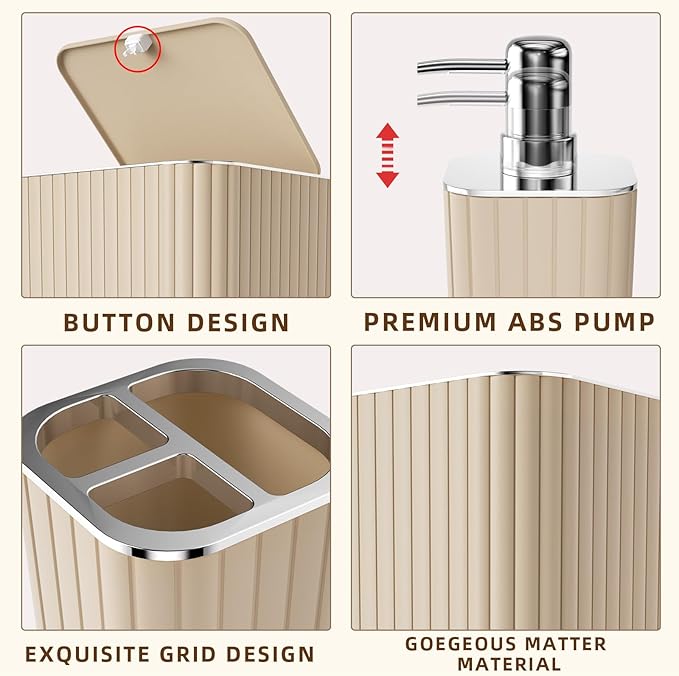 XLHOMO Bathroom Accessories Set - Gorgeous Beige Bathroom Set, 10PC Bathroom Accessory Set, Toilet Brush, Trash Can & Soap Dispenser