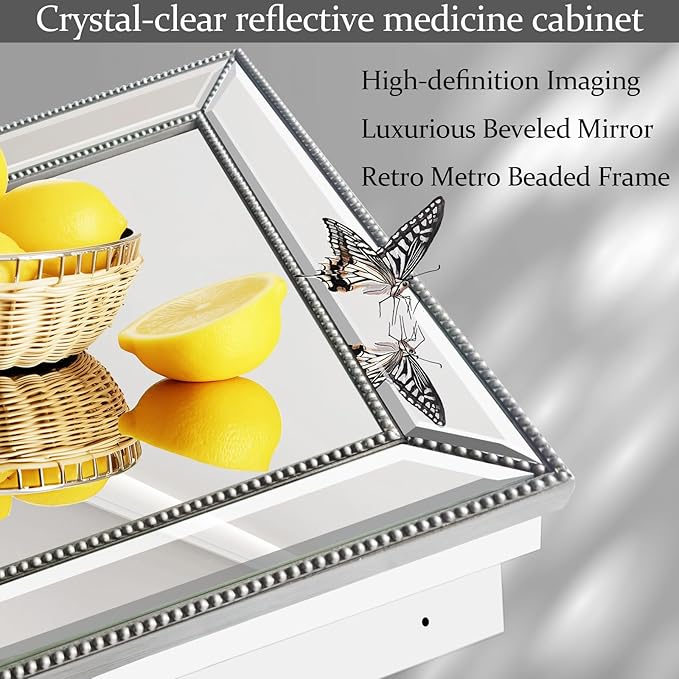 20x32 Inch Bathroom Medicine Cabinet, Silver Metro Beaded Wooden Frame, Retro Bevel Mirror, Recessed & Surface Mount, Space-Saving Storage Cabinet for Bathroom Organization