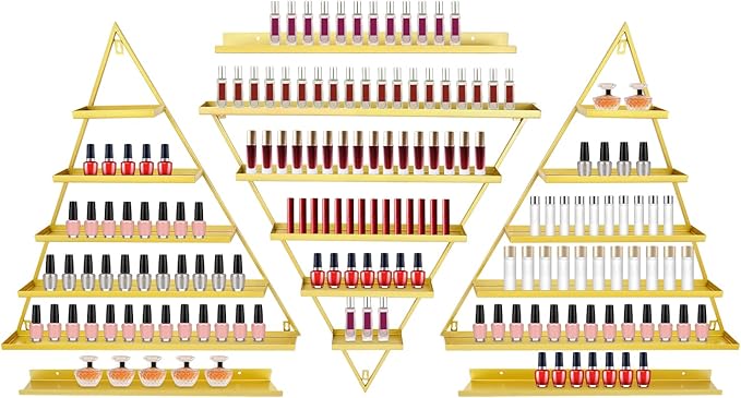 6PCS Triangular Wall-Mounted Nail Polish Racks, Gold 5-Tier Nail Polish Shelves, Heavy-Duty Cosmetic Display Cases with Raised Edges for Nail Salon, Home, Shop Use