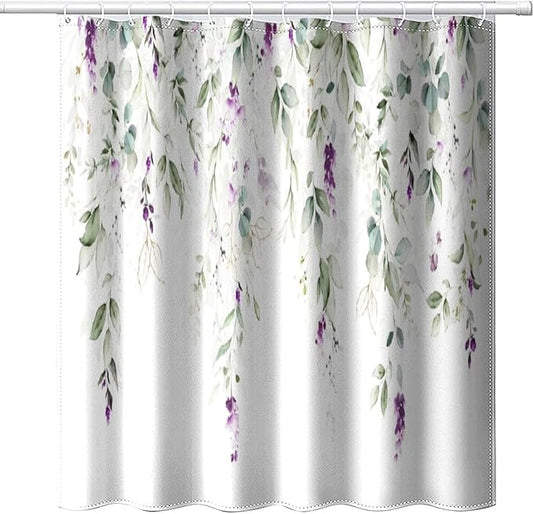 Purple Floral Shower Curtain Watercolor Flowers Modern Minimalist Wildflower Bathroom Decor Fabric Curtains with Hooks 72x78 Inches(183x200cm), Style-10