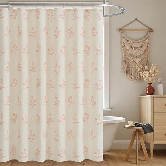ORTIGIA Linen Shower Curtain Farmhouse Vintage Pink Floral Shower Curtains Boho Rustic Block Print Cottagecore Decor for Bathroom 72 W x 72 L