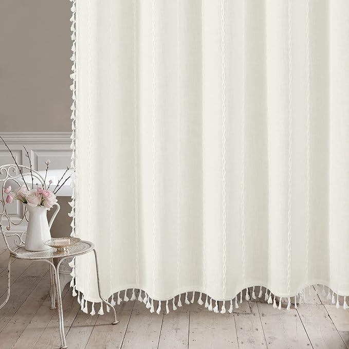 MitoVilla Boho Extra Long Shower Curtain 72 x 96,Ivory Modern Farmhouse 96 inch XL Polyester Linen Texture Tassel Fabric Shower Curtain Set with Hooks for Cottagecore Country Bathroom Decor,Ivory