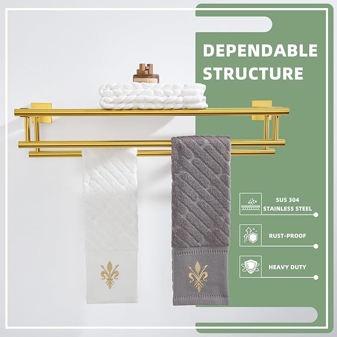 Angle Simple Towel Rack with Holder for Bathroom, SUS 304 Stainless Steel Wall Bath Towel Shelf with Double Bar, Brushed Dark Gold, 23.62 Inches