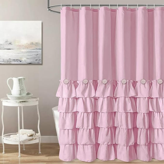 Seasonwood Pink Ruffle Shower Curtain Cute Girly Shower Curtain Button Farmhouse Style Pink Fabric Shower Curtains Blush Shower Curtains for Bathroom