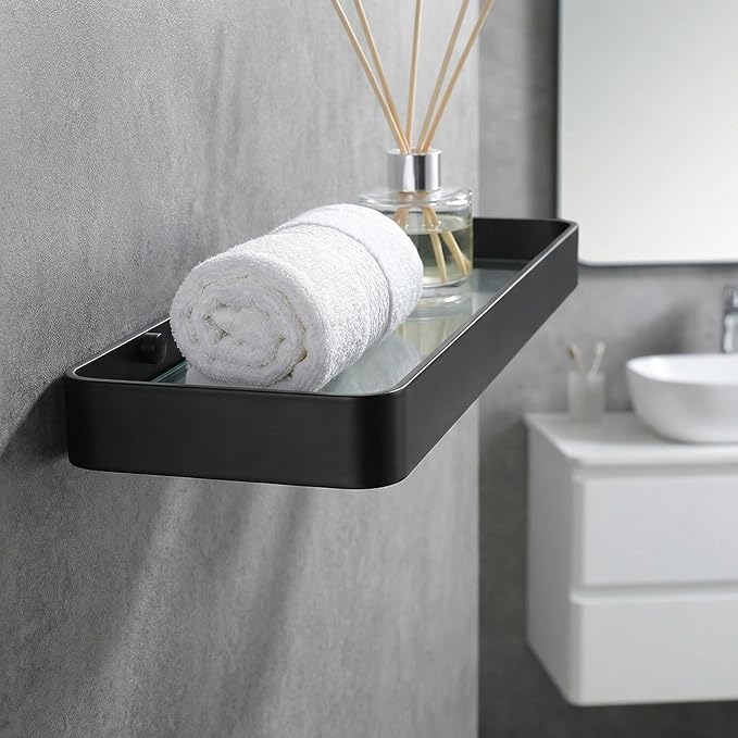 Z metnal Small Glass Bathroom Shelves, Matte Black Floating Shelf, Mini Wall Shelf Organizer, Wall Mounted (Clear Glass, 15.7 inch/40cm), 1 pcs