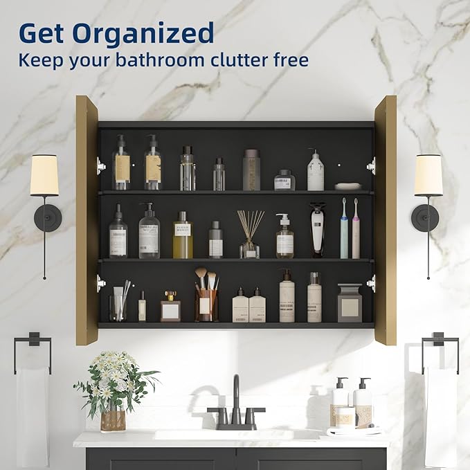 Bathroom Medicine Cabinet with Mirror 24 x 30 Inch, Brush Gold Medicine Cabinet Recessed or Surface Wall-Mounted, Mirrored Cabinets with Sturdy Metal Adjustable Shelves for Bathroom Vanity