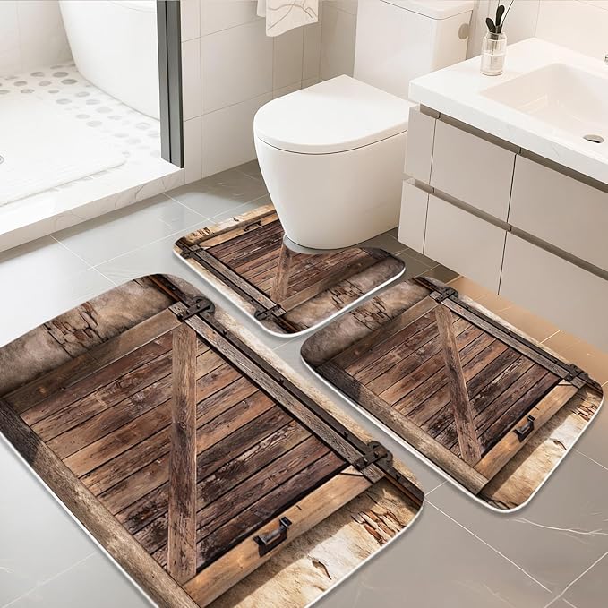 Farmhouse Wooden Barn Door Rustic Bathroom Rugs and Mats Sets 3 Piece, Large Imitation Cashmere Bath Mat, U-Shaped Contour Shower Mat Non Slip Absorbent, Velvet Washable 20 x 31 inch