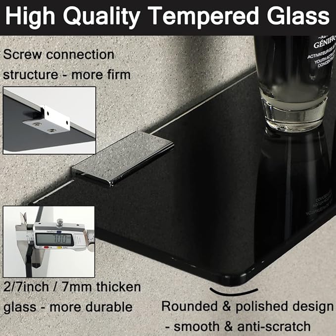 SAYAYO Floating Glass Shelves for Bathroom, Tempered Glass Shelf for Wall 15 x 5 Inch 1 Pcs, Black