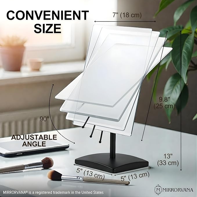 MIRRORVANA Large Table Desk Mirror with Stand for Office Desktop, Makeup Vanity and Bathroom Countertop - Personal Adjustable Face Mirror - 9.8" x 7" (Black)