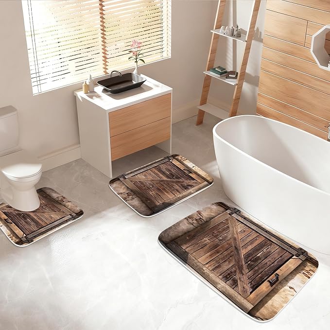 Farmhouse Wooden Barn Door Rustic Bathroom Rugs and Mats Sets 3 Piece, Large Imitation Cashmere Bath Mat, U-Shaped Contour Shower Mat Non Slip Absorbent, Velvet Washable 20 x 31 inch