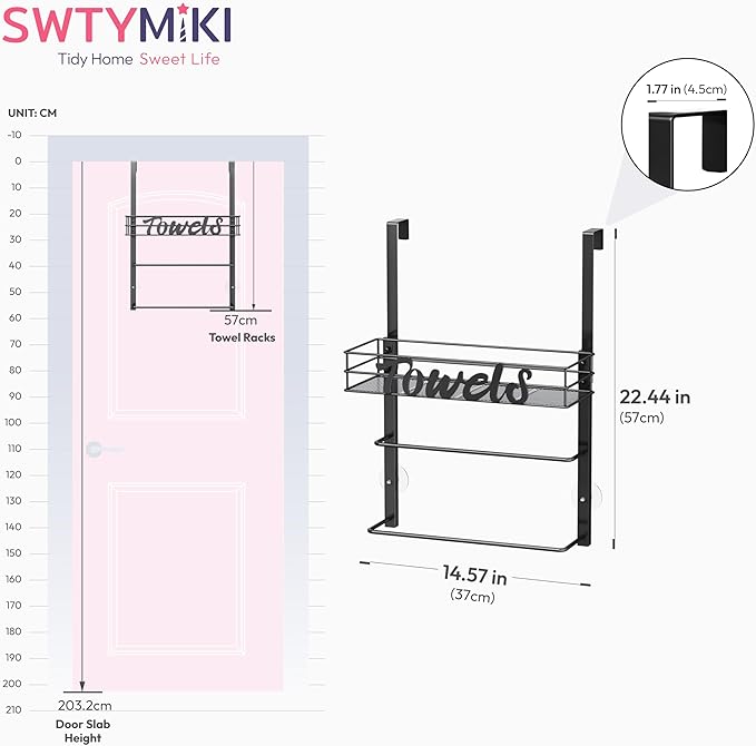 SWTYMIKI SWTYMIKI Over The Door Towel Racks for Bathroom - 5-Tier Wall Mounted Bathroom Towel Storage Organizer Holder with Metal Shelf (3 Tier-Black)