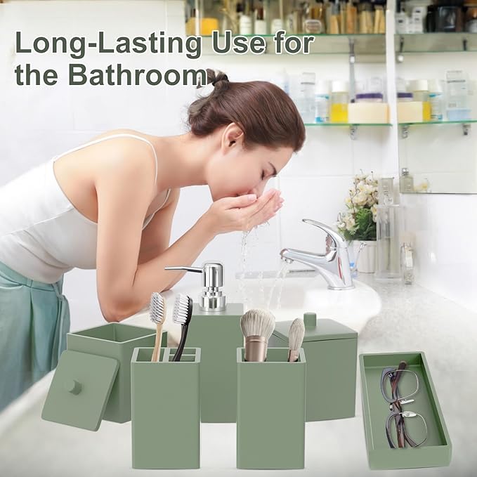 Sage Green Bathroom Accessories Set Resin 6PCS, Square Toothbrush Holders Set Complete with Soap Dispenser, Vanity Tray, Tumbler, Cups and Cotton Swab Jars for Counter, Sink or Small Spaces