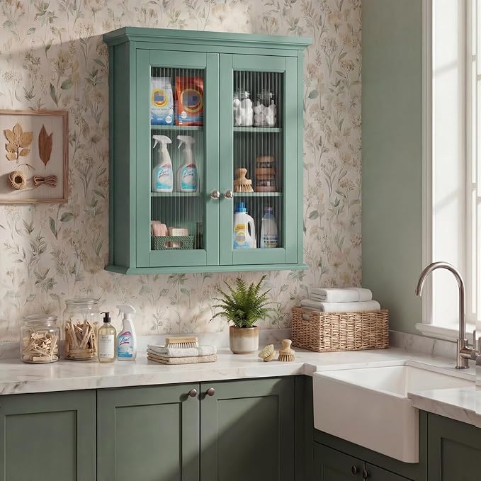 Wall Mounted Bathroom Cabinet with Fluted Glass Doors, Medicine Cabinet with Soft-Close Hinges, Space Saving Wall Organizer for Bathroom Above Toilet Storage (Halcyon Green)
