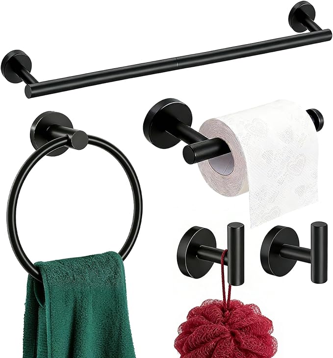 Matte Black 24in Bathroom Hardware Set, Stainless Steel Towel Bar Set, Bathroom Accessories Set Wall Mounted, Towel Racks for Bathroom, Towel Bar, Towel Ring, Robe Towel Hooks, Toilet Paper Holder