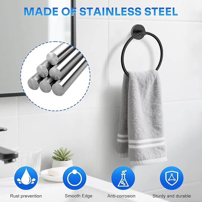 Hand Towel Holder Screw-in Matte Black Towel Ring for Bathroom Wall Stainless Steel Round Towel Hanger for Bathroom Hardware Accessories