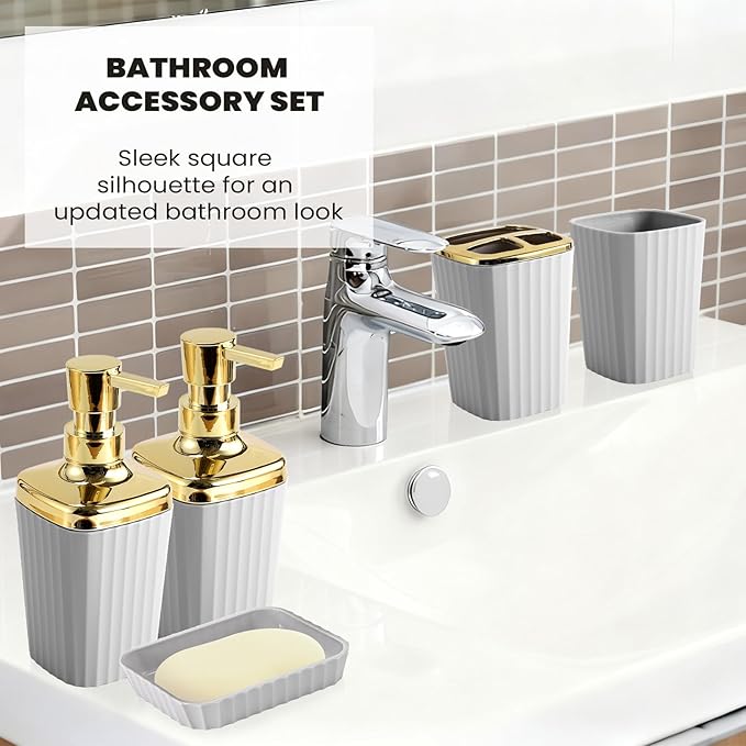 XLHOMO 9-Piece Light Gray Bathroom Accessories Set - Modern Vertical Stripe Decor with Slim Wastebasket, Soap Dispenser & Toothbrush Set - Neutral Bath Organization Kit