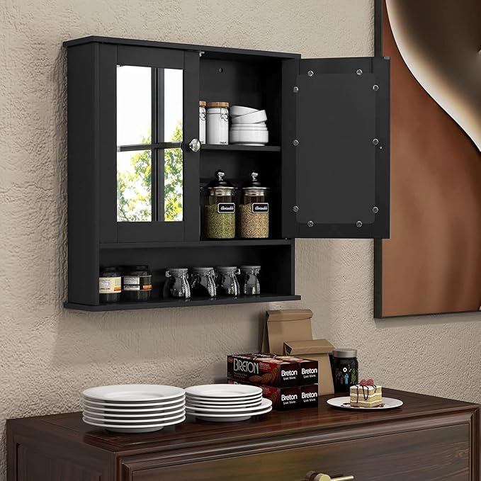 COSTWAY Bathroom Cabinet Wall Mount, Wooden Medicine Cabinet with 2 Mirror Doors, Adjustable Shelf, Open Compartment, for Laundry, Living Room, Kitchen, Black