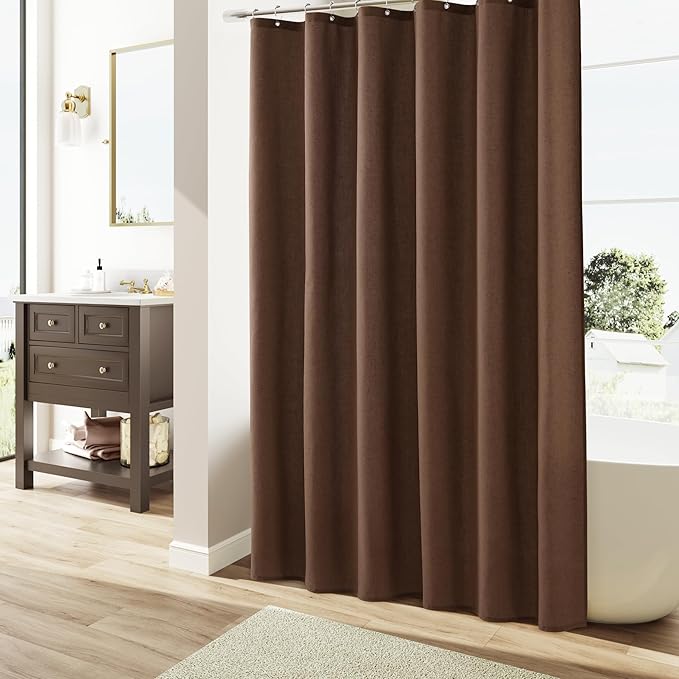 Naturoom Caramel Brown Linen Shower Curtain, Country Boho Farmhouse Bath Decor Shower Curtains Neutral Cloth Weighted Textured Fabric Bath Curtain Liner with Hooks, 72x80