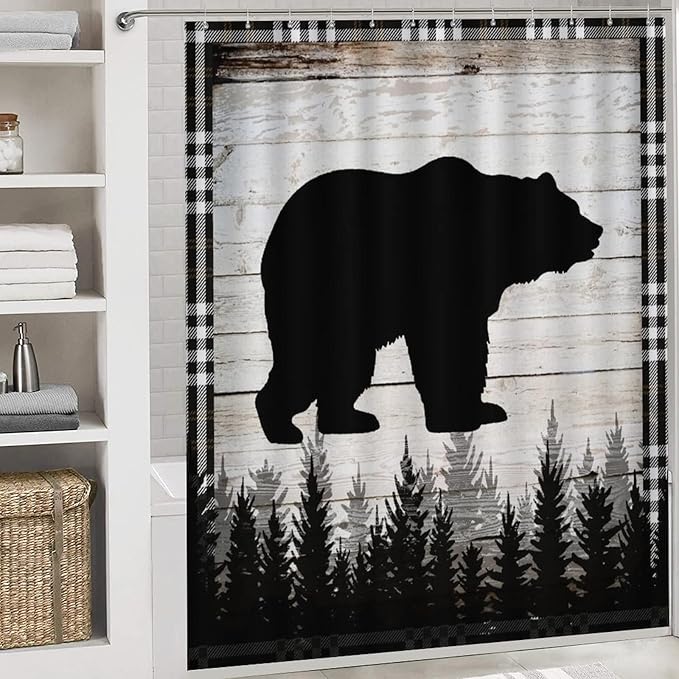 Retro Black Bear 4 Piece Shower Curtain Sets, Non-Slip Rugs, Toilet Lid Cover and Bath Mat, Durable and Waterproof, for Bathroom Decor Set One Size
