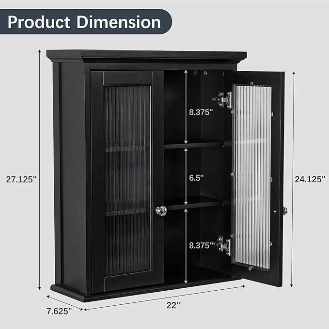 Wall Mounted Bathroom Cabinet with Fluted Glass Doors, Medicine Cabinet with Soft-Close Hinges, Space Saving Wall Organizer for Bathroom Above Toilet Storage (Black)