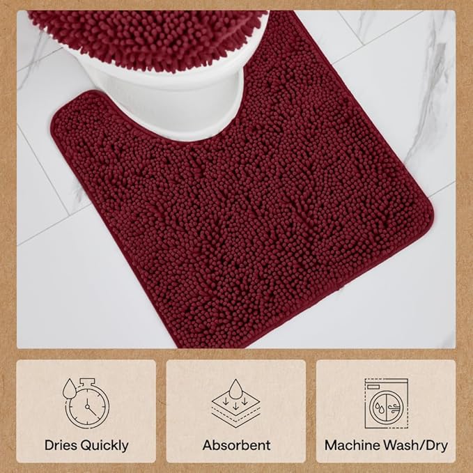 GORILLA GRIP Plush Absorbent Shaggy Chenille Bath Rug Mat for Square Toilet Base with Rubber Backing, Machine Washable Rugs, Soft Microfiber Contour Mats for Toilets, Bathroom Decor, Burgundy