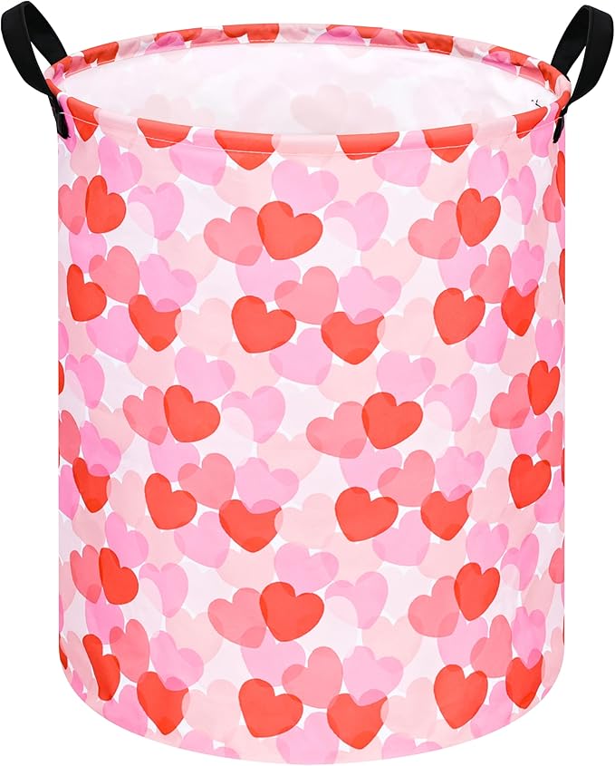 Round Valentine's Heart Pattern Laundry Hamper Clothes Storage Basket Fabric Storage Hamper Organization Storage Bin, Nursery Box,Gift Basket with Handles