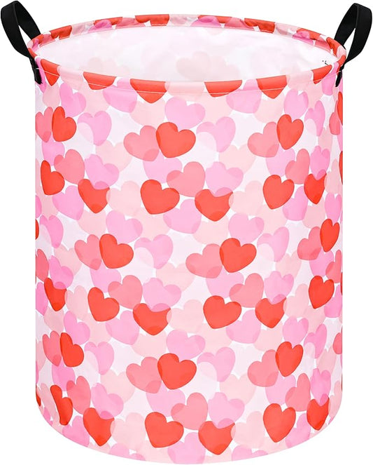 Round Valentine's Heart Pattern Laundry Hamper Clothes Storage Basket Fabric Storage Hamper Organization Storage Bin, Nursery Box,Gift Basket with Handles