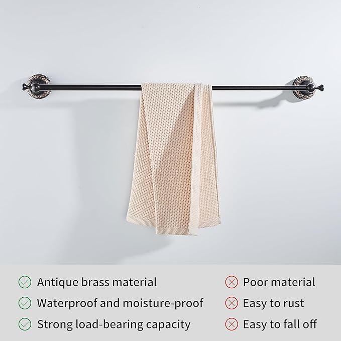 Oil Rubble Bronze Brass Single Towel Bar, Adjustable 15.5 to 27.5 Inch Bath Towel Bar Rack for Bathroom Towel Holder, Wall Mounted Black Bathroom Hardware Accessories,Pattern Carving Design