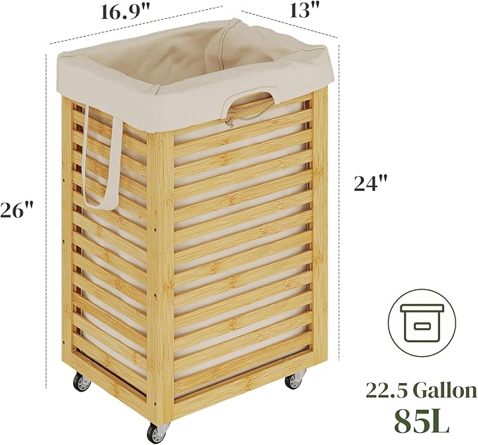 Laundry Hamper with Wheels, Laundry Basket with Liner, 85L Large bamboo wood Laundry Clothes Laundry Hamper, Liner with Handles, Dirty Clothes Storage Cart For Laundry Room, Dorm, Bedroom(Natural)