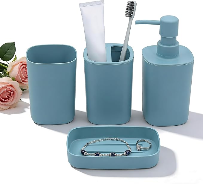 4 Piece Bathroom Accessories Set, Plastic Bathroom Accessory Set- Square Toothbrush Holder Set, Soap Dispenser, Toothbrush Holder, Mouthwash Cup, Soap Dish, Boho Modern Decor for Home, Blue