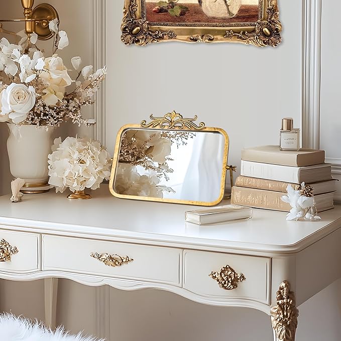 Vintage Makeup Desk Mirror, 7.9" L x 11.8" W Antique Gold Vanity Table Mirror, Metal Framed Rectangular Small Standing Mirrors, 360 Adjustable Rotation Mirrors for Tabletop, Bathroom