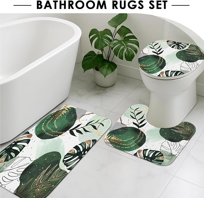 Sage Green Boho Shower Curtain Set with Toilet Lid Cover and Non-Slip Rugs, Mid Century Plant Abstract Olive 4 Pcs Modern Shower Curtain for Bathroom Set with 12 Hooks
