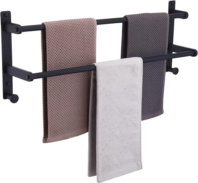 Matte Black Double Towel Rack with Hooks for Bathroom, 24 Inch Stainless Steel Wall Mounted Towel Bar Holder