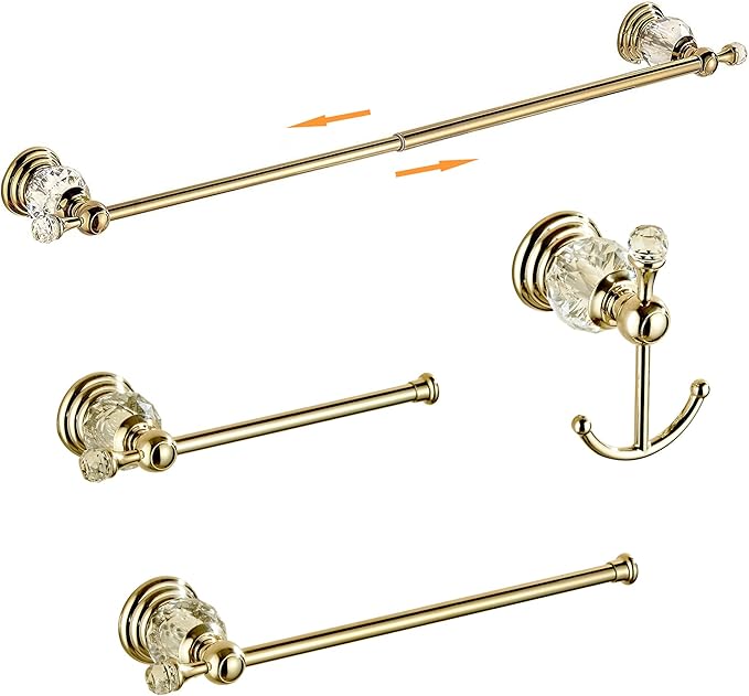 Crystal Bathroom Hardware Set,Adjustable Towel Rack, Toilet Roll Paper Holder,Hand Towel Holder,Hook,Gold Bathroom Accessories Set Wall Mounted (Bright Gold)