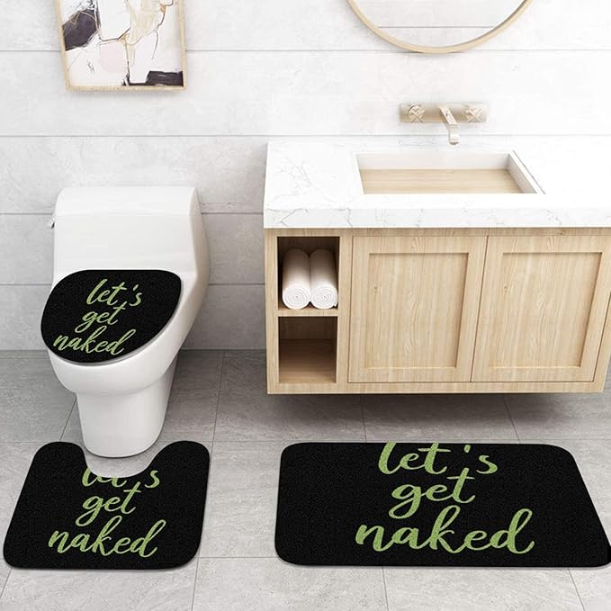 ArtSocket 4PC Green Let's Get Naked Shower Curtain Sets Black Bathroom Decor with Rugs, Non-Slip Rug,Toilet Lid Cover, Bath Mat and 12 Hooks 72x72 inches