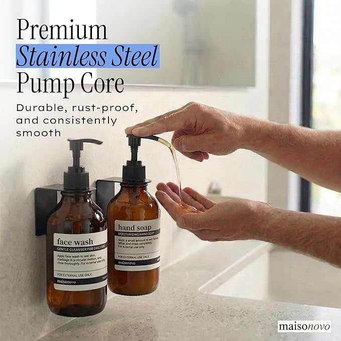 Shampoo and Conditioner Dispenser Wall Mounted Set of 2 Amber Black - No Drill Shower Soap Dispenser for Bathroom Refillable - Spa Hotel Style Accessories by MaisoNovo